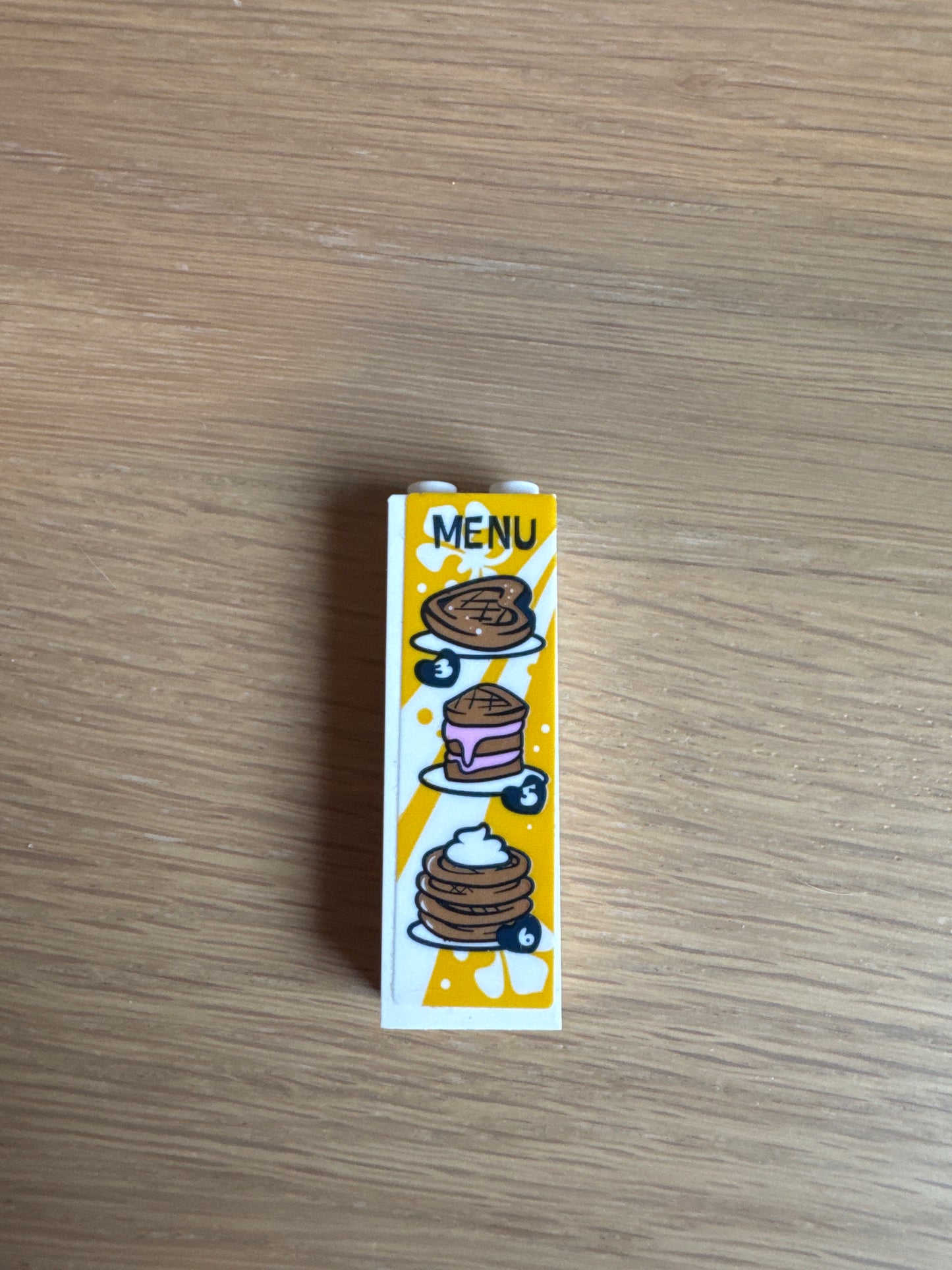 Brick 1 x 2 x 5 with 'MENU', Medium Nougat Waffles, Number 3, 5 and 6 on Yellow Background Pattern (Sticker) - Set 41426