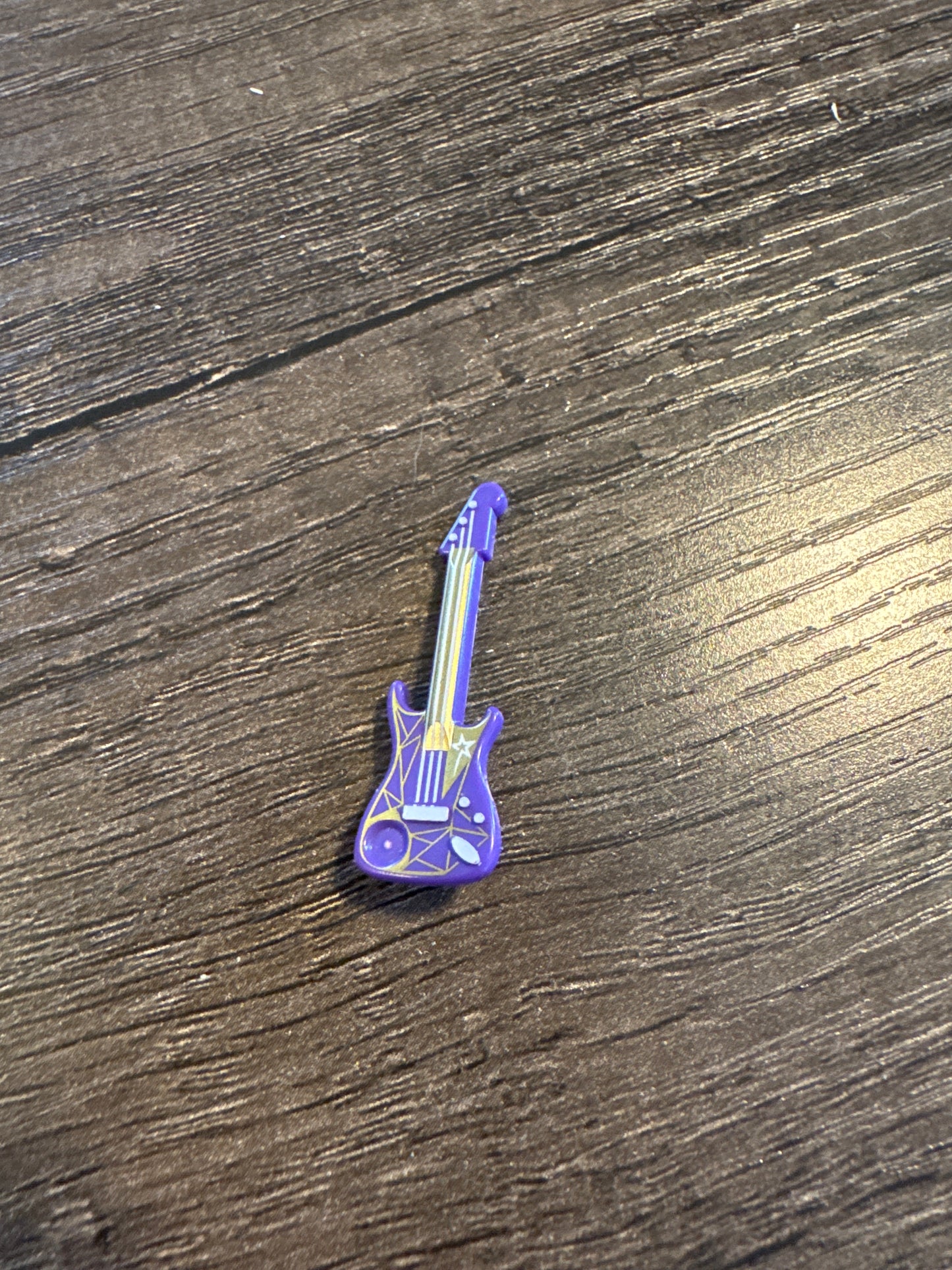 Minifigure, Utensil Musical Instrument, Guitar Electric with White Strings, Star, Bridge, and Output Jack and Gold Geometric Pattern dark purple