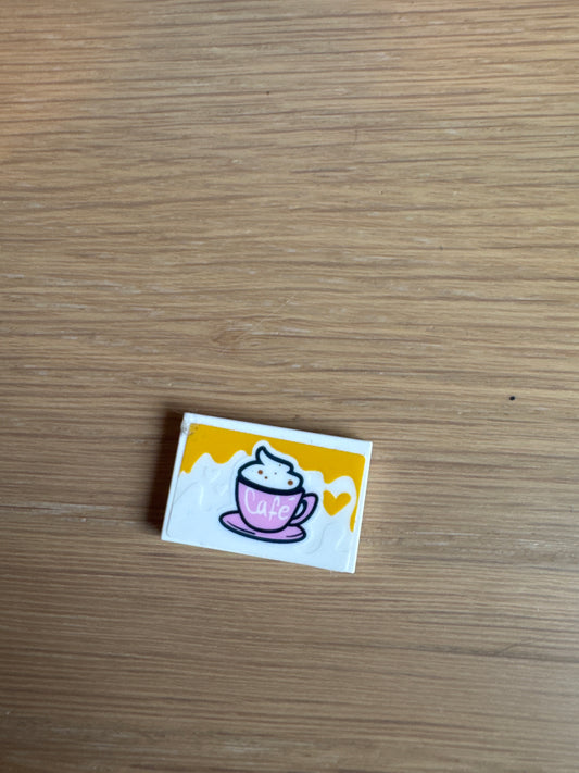 Tile 2 x 3 with Bright Pink Cup with Cream, 'Café' (Cafe) and Yellow Heart Pattern (Sticker) - Set 41426