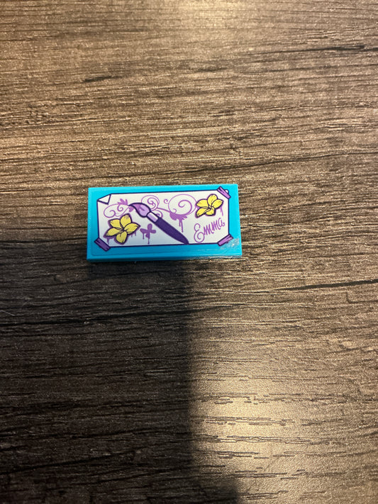 Tile 2 x 4 with Dark Purple Paint Brush, Bright Light Yellow Flowers, Medium Lavender Script 'Emma' Pattern (Sticker) - Set 41332