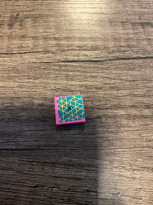 Tile 2 x 2 with Cushion with Dark Turquoise Triangles, Gold Outlines and Black Button Pattern (Sticker) - Set 41392