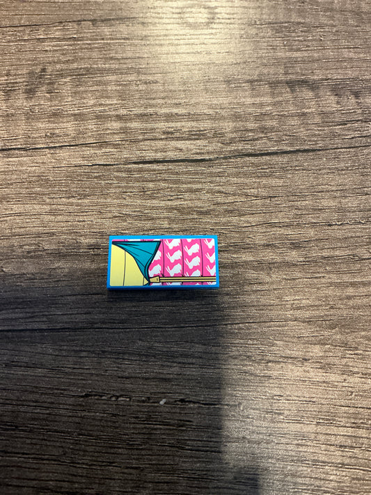 Tile 2 x 4 with Dark Turquoise and Dark Pink Sleeping Bag with Rabbits Pattern (Sticker) - Set 41392